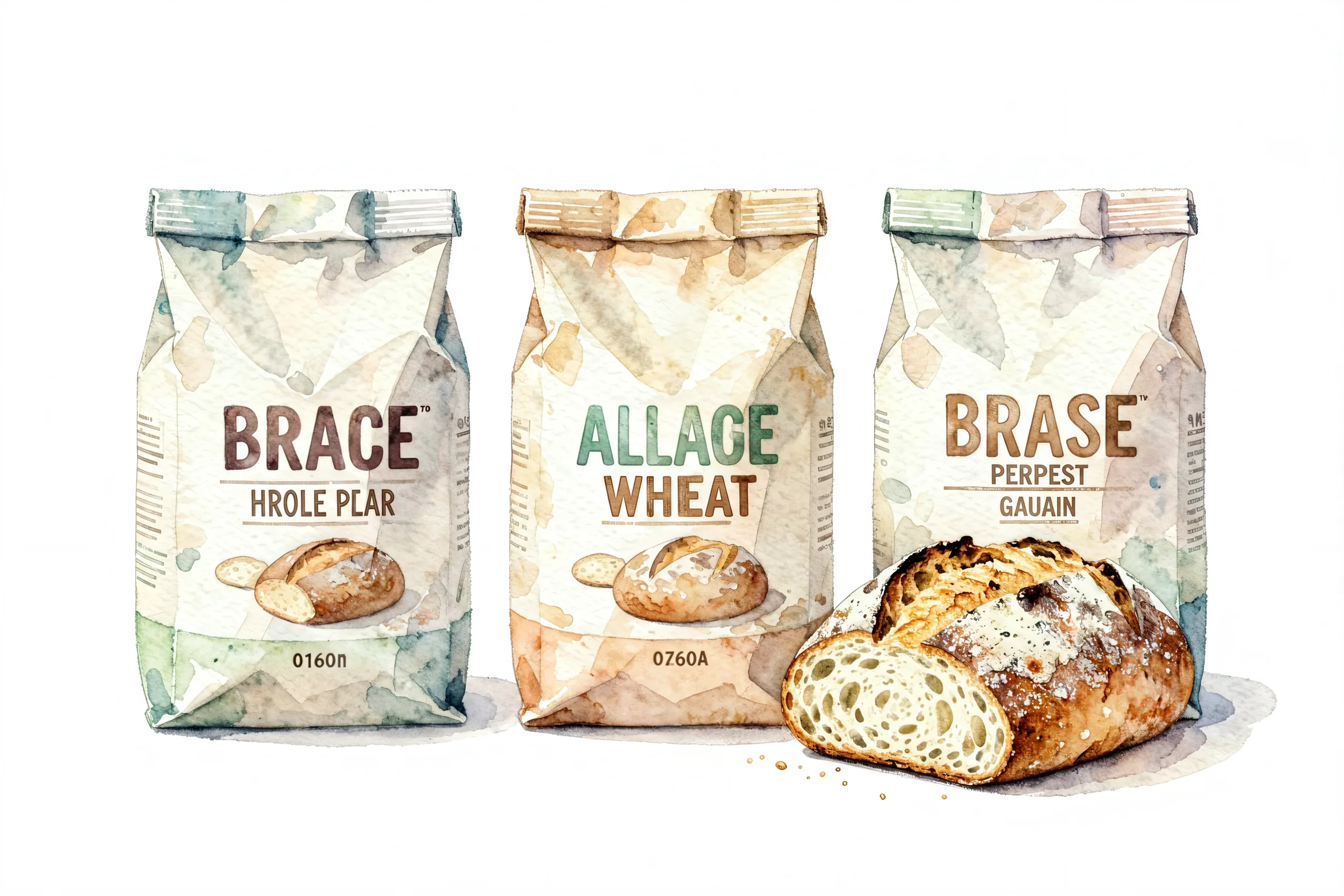 Bags of different flours used for sourdough baking