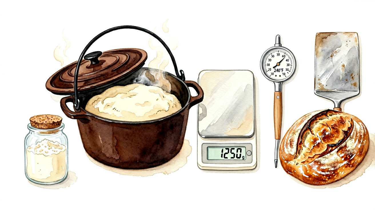 Hand-drawn watercolor illustration of sourdough baking tools in a flat lay: Dutch oven, kitchen scale, thermometer, dough scraper, and a fresh boule