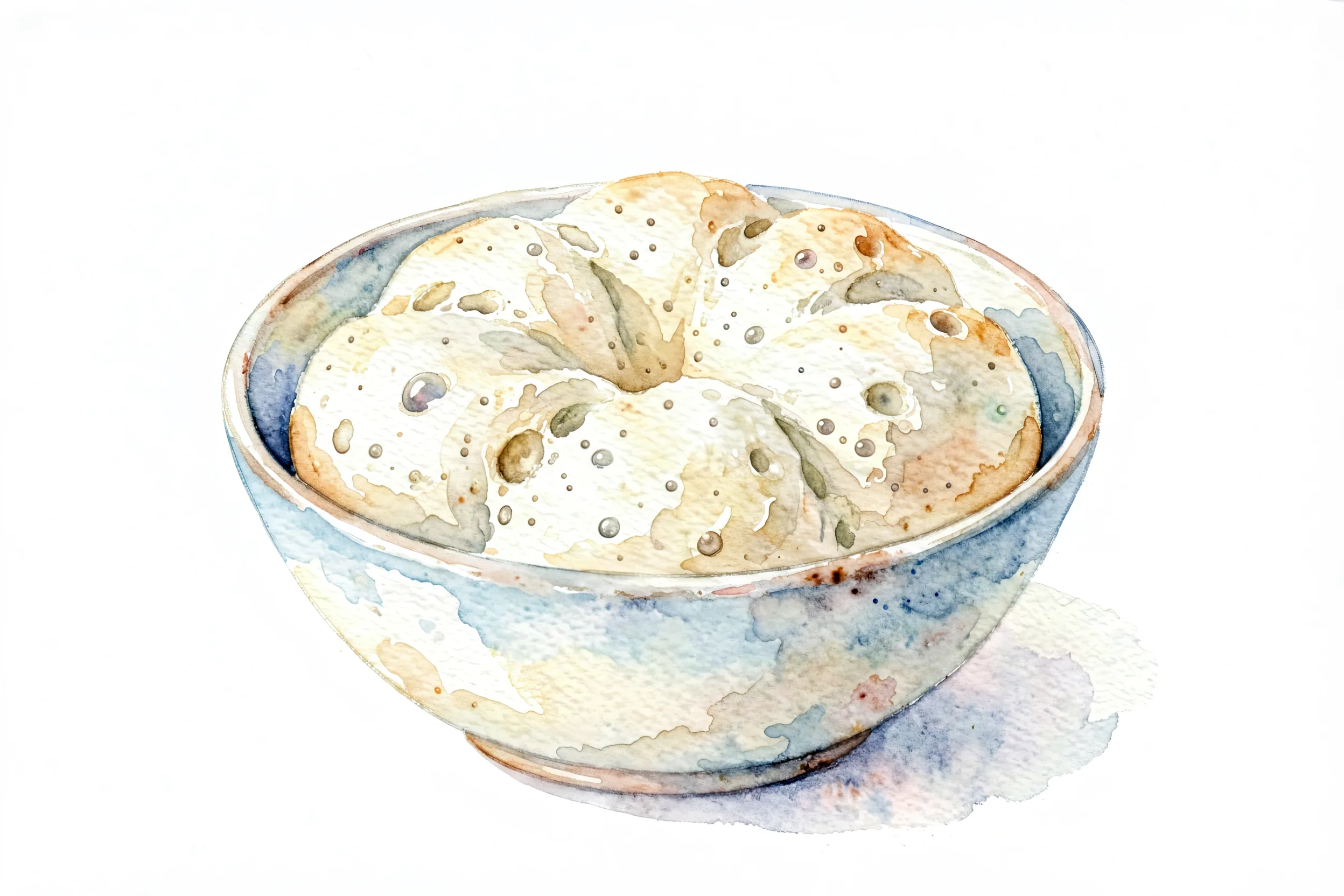 Sourdough dough rising in a bowl with bubbles during bulk fermentation
