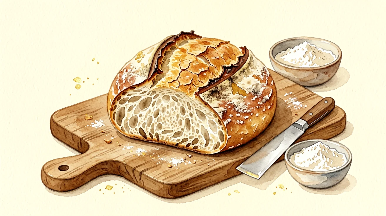 Golden, crackling crusty sourdough loaf sliced on a wooden board