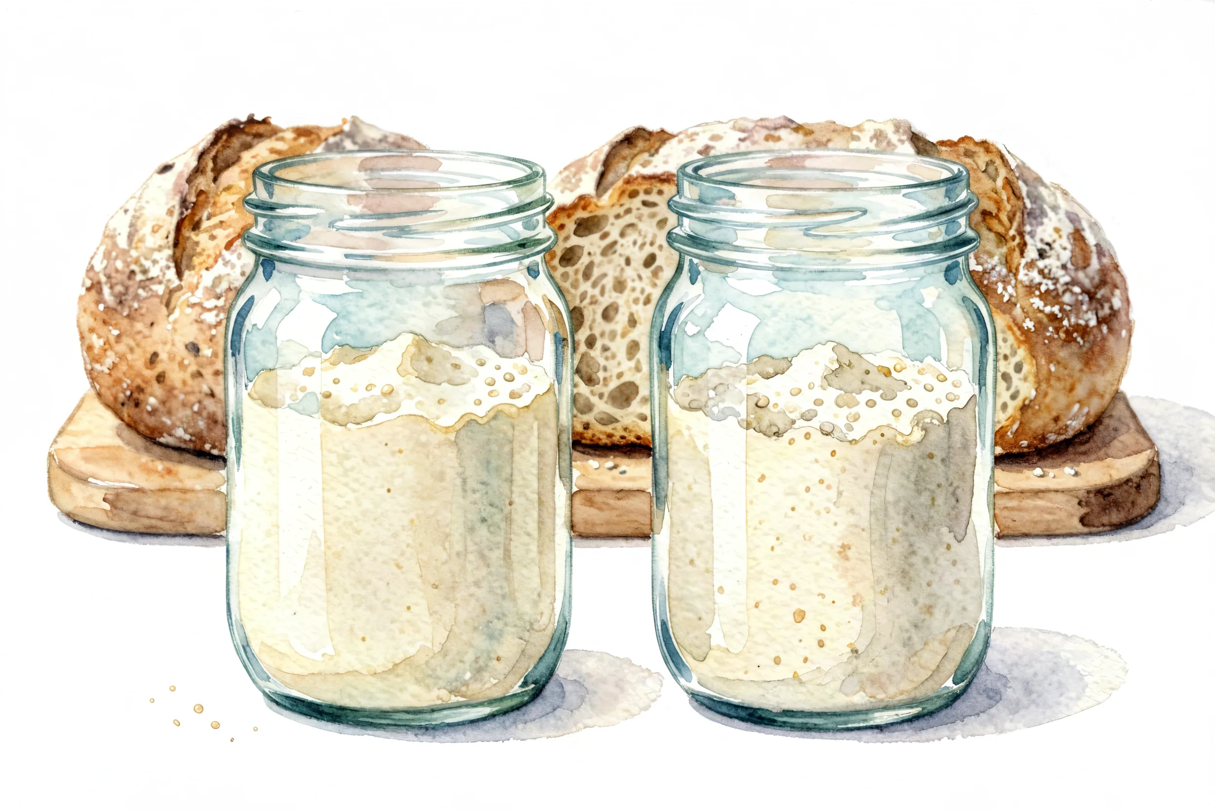 Sourdough starter and levain in glass jars