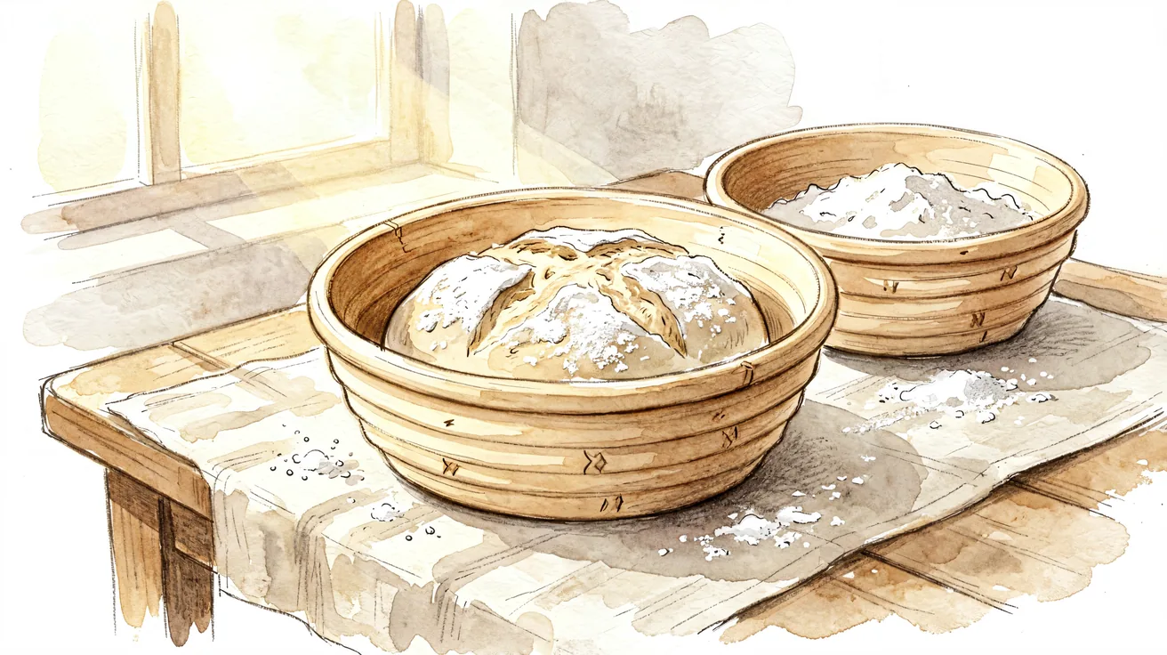 Cane banneton proofing basket with floured dough inside on a linen-covered table