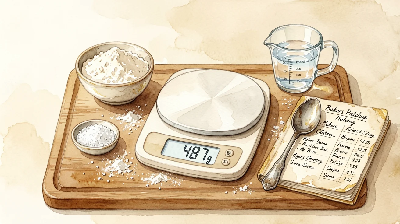 A digital kitchen scale showing 487g surrounded by flour, water, salt, vintage spoon, and a recipe notebook with bakers percentage tables — illustrating how to convert any sourdough recipe to grams