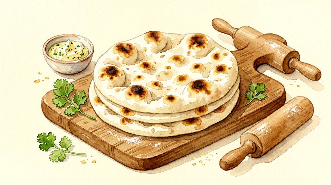 Soft, puffy sourdough naan with blistered golden spots on a wooden board