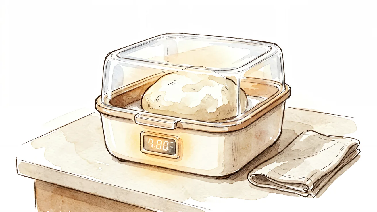 Sourdough dough proofing inside a countertop proofing box with a temperature display