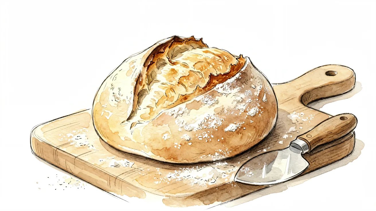 Sourdough boule with a deep scoring cut that opened into a raised ear, with a lame beside it