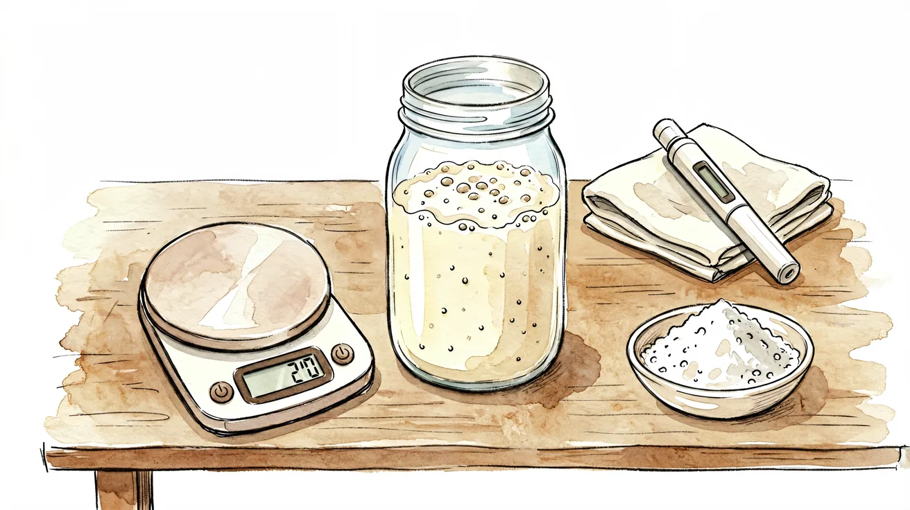 Sourdough starter kit items laid out: glass jar with starter, digital scale, thermometer, cloth, and flour