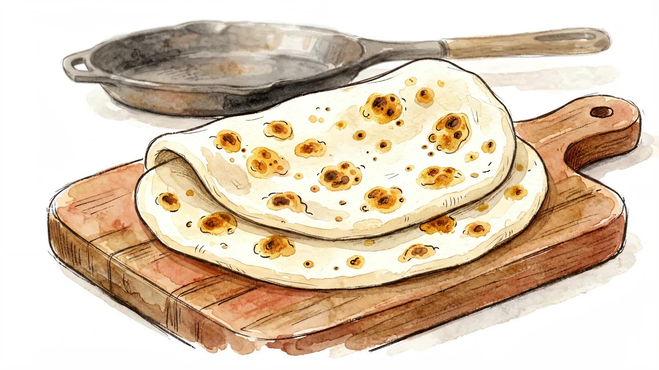 A stack of soft sourdough tortillas with golden-brown spots on a wooden board