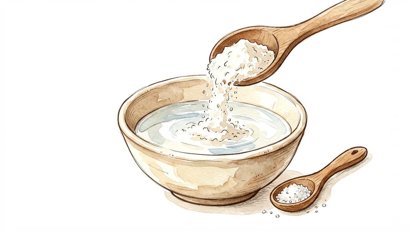 Hand-drawn watercolor illustration of white flour being poured into a bowl of water, with a small spoon of salt beside it