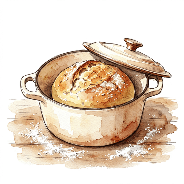 Hand-drawn watercolor illustration of a cast iron Dutch oven