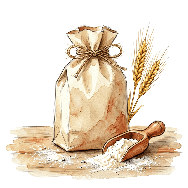 Hand-drawn watercolor illustration of a bag of bread flour