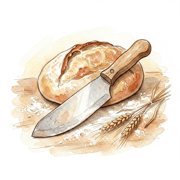 Hand-drawn watercolor illustration of a sourdough bread lame