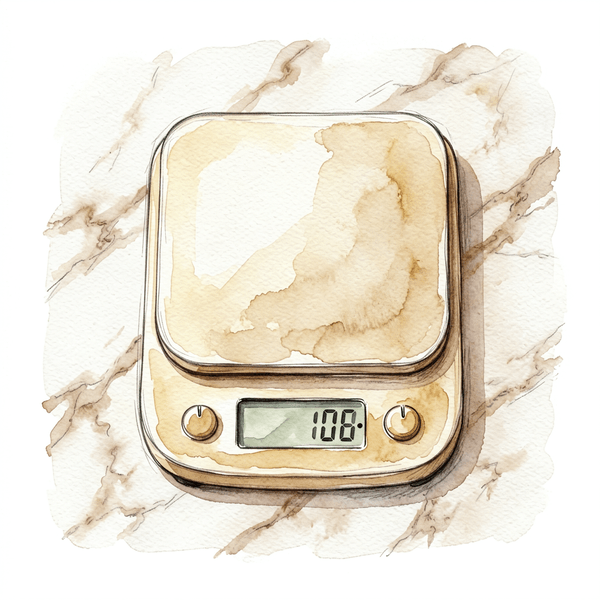 Hand-drawn watercolor illustration of a digital kitchen scale