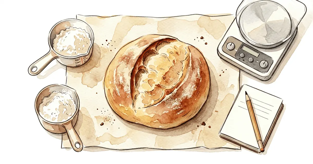 Sourdough loaf with measuring cups and a kitchen scale